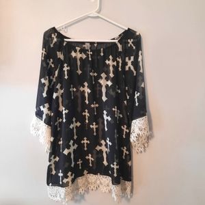 Rrouge Gothic Black and White Lace Cross Long Blouse
